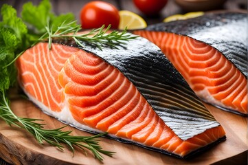 Fresh raw salmon, a close-up stock photo showcasing the texture and quality of raw salmon fish meat. Ideal for culinary concepts and seafood themes.