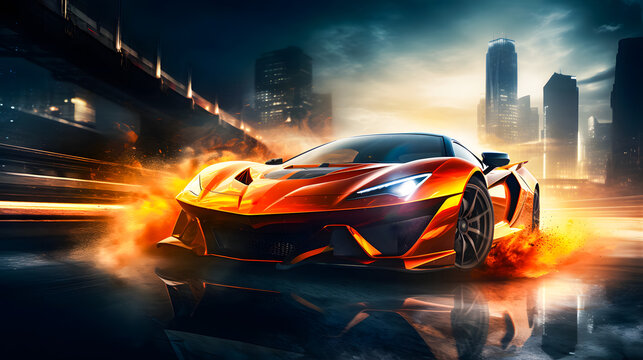 A sports car speeding through the city with vibrant light trails, creating a dynamic and energetic urban atmosphere, perfect for automotive and nightlife themes