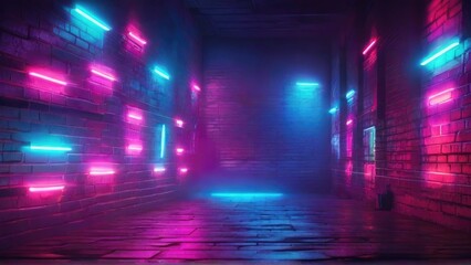 Brick wall with neon style bright light. Cyberpunk vapor synth retro wave background concept.
