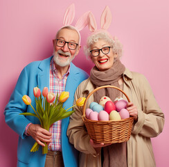 Charming elderly couple wearing bunny ears and holding easter basket with eggs and flowers.