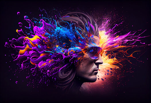 Brainstorm, brain explosion, a man's head against a dark background.