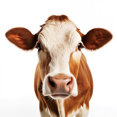 face of cow isolated on white, brown and white gentle surprised look, in front of a white background