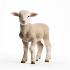 Cut out of young sheep lamb isolated on white background looking at camera. Full body length.