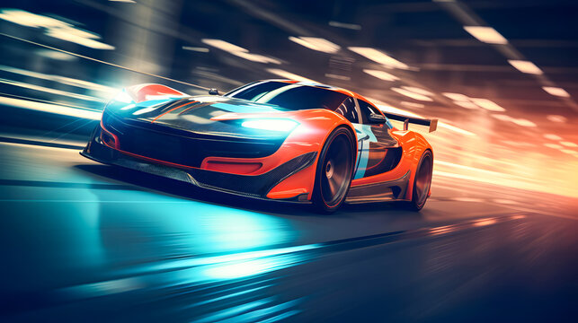 A sports car speeding through the city with vibrant light trails, creating a dynamic and energetic urban atmosphere, perfect for automotive and nightlife themes
