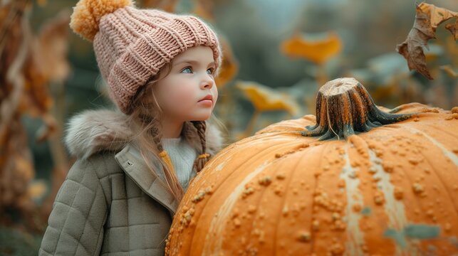 A little girl in a coat and knitted hat stands near a huge orange pumpkin in the autumn garden