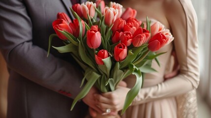 A man in a suit gives a bouquet of red tulips to a woman in an elegant beige dress