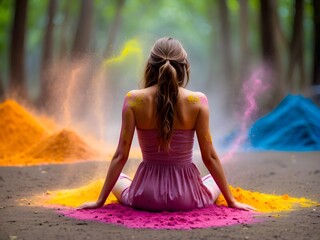 Youthful joy captured in a moment of playfulness with vivid holi powder 