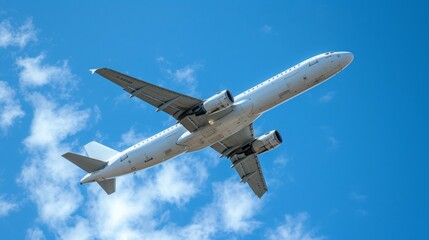 Fototapeta na wymiar A white passenger plane flies against a background without a cloudy blue sky