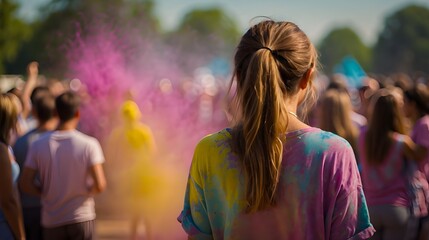 At the mesmerizing Holi festival, a young girl donning a vibrant shirt captivates everyone's attention as she confidently stands before an exuberant crowd.