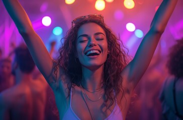 Fototapeta premium a woman is raising her hands in a dance club