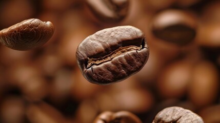 Fototapeta premium Closeup coffee beans flying in the air. The process of making coffee.