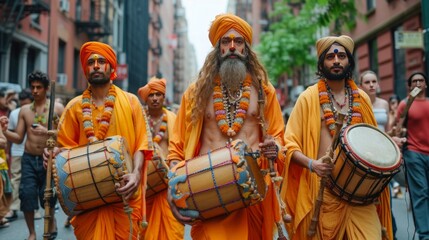 A group of Hare Krishnas with drums walks down the street of city - obrazy, fototapety, plakaty