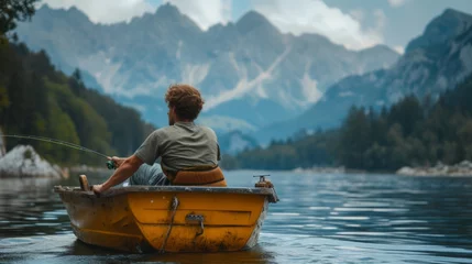 Foto op Canvas  young man is fishing on a yellow boat in the middle of the lake. Beautiful mountain background blurred © olegganko