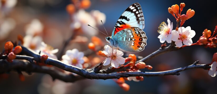 Fototapeta A pair of colorful butterflies are taking nectar from apricot flowers in the garden in early spring