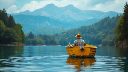  young man is fishing on a yellow boat in the middle of the lake. Beautiful mountain background blurred