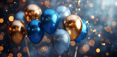 blue and gold balloons hanging above the earth on a dark blue background with golden stars