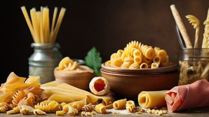 retro still life with assortment of uncooked pasta
