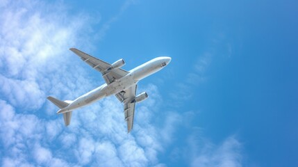 Obraz premium A white passenger plane flies against a background without a cloudy blue sky