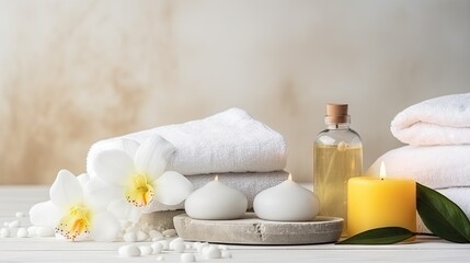 Fototapeta na wymiar beauty treatment items for spa procedures on white wooden table. massage stones, essential oils and sea salt 