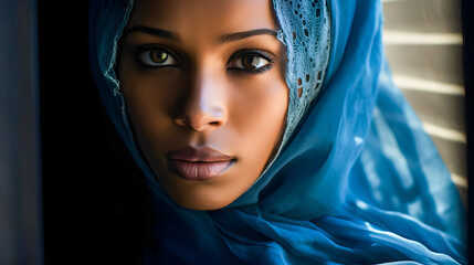 Naklejka premium An African Muslim model wearing a blue hijab against a dark background, showcasing elegance, cultural pride, and beauty in a stunning portrait