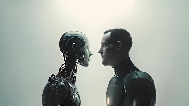 Side view of man in front of a robot humanoid with red eyes. Coexisting, gen z and gen alpha with ai