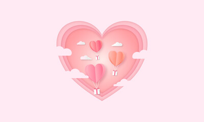 Valentine day of love and with heart balloon, abstract background, illustrator paper art style.
