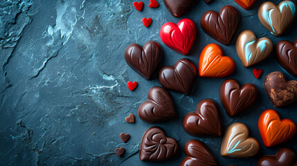 Chocolate valentine candies in heart shape on graffiti stone background. Top view with copy space