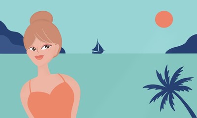 Sun-Kissed Splendor. Summer Fun with a Girl at the Beach Illustration, suitable for holiday, vacation, summertime and travel banner, poster, background