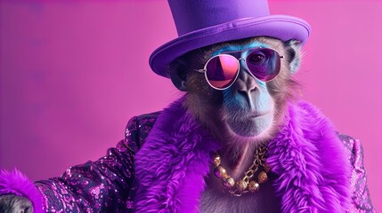 Monkey Magic: Unleash the wild side of fashion with this creative animal concept! High-end couture, isolated on a bright background. Perfect for birthdays and invites. Copy space for your message.