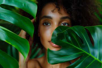 Close-up portrait of a serene young woman with lush green tropical leaves partially covering her face, symbolizing natural beauty.