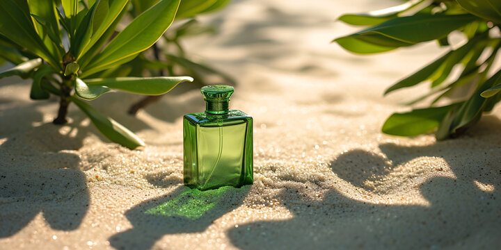  A Scent of Mystery and Allure; A deep green bottle of perfume on the sand, 