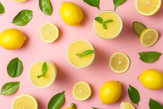 Fresh organic yellow lemon fruit with slices and green leaves isolated over pink background, Top view. Ingredients for homemade immunity boosting drink citrus juice lemon lime mint leaves