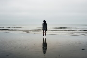 A lone person stands facing the ocean, reflecting in solitude on a vast, calm beach under an overcast sky.