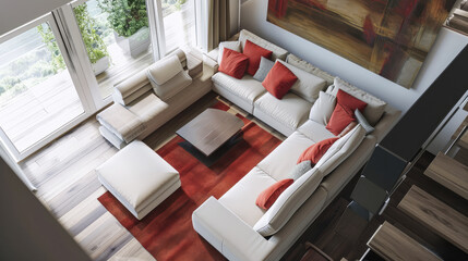 Elegant living room with bold red accents and contemporary artwork. Stylish comfort. Generative AI