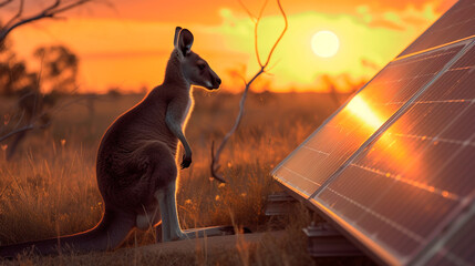 An Australian kangaroo stands contemplatively beside solar panels as the sun sets, casting a warm glow over the outback.
 - obrazy, fototapety, plakaty