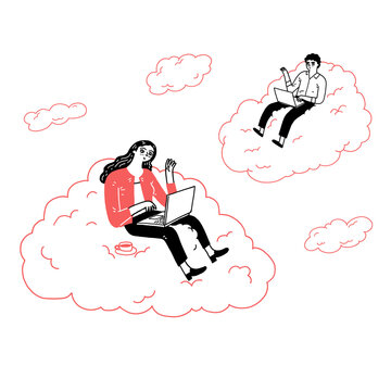 Young people on the clouds in the sky using laptop and typing messages to friends.