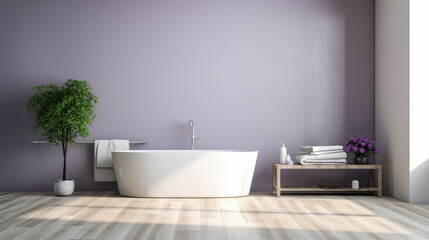 Fototapeta na wymiar Minimalist bathroom with freestanding tub and purple wall. Modern design and relaxation concept Generative AI