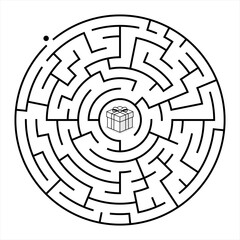 Maze labyrinth with solution. Circular maze game  for kids isolated on background . Black and white vector illustration 