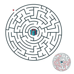 Maze labyrinth with solution. Circular maze game  for kids isolated on background 