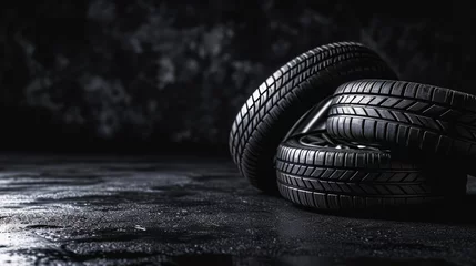Fotobehang Car tires with detailed tread texture on a dark background. Durability concept. Generative AI © ImageFlow