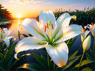 Lily in Sunset Glow: An Artistic Painting Capturing the Elegance of a White Lily Illuminated by the Warm Hues of a Sunset. generative AI