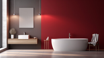 Contemporary bathroom with sleek fixtures and red feature wall. Interior architecture concept. Generative AI