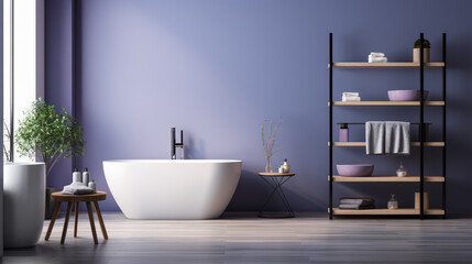 Modern bathroom with purple wall, wooden shelves, and white accents. Home design concept. Generative AI