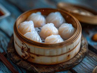 Fototapeta na wymiar steamed dumpling dim sum in bamboo basket on wooden table, closeup, Chinese new year concept