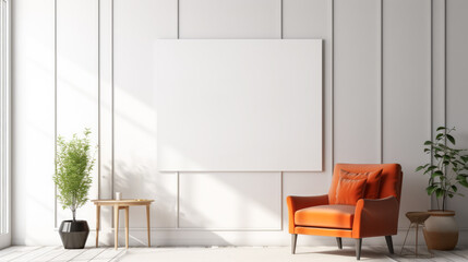 Sleek living room with bright white walls and vibrant orange armchair. Generative AI