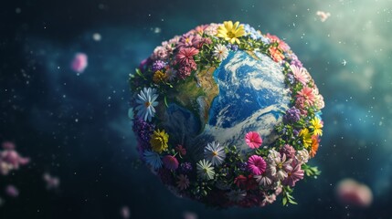 Planet earth made of flowers. View from space to earth. 