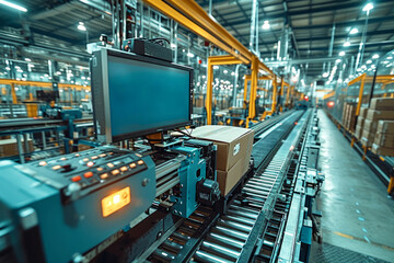 Fototapeta premium Futuristic Symphony of Automation: Robots on the Assembly Line in High-Tech Facility.