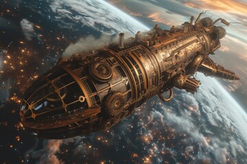 A steampunk-inspired spacecraft with gears and steam, orbiting an alternative Victorian-era Earth