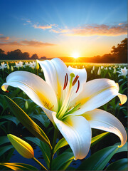 Lily in Sunset Glow: An Artistic Painting Capturing the Elegance of a White Lily Illuminated by the Warm Hues of a Sunset. generative AI