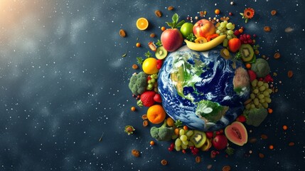 Planet earth made of fruits. View from space to earth. 